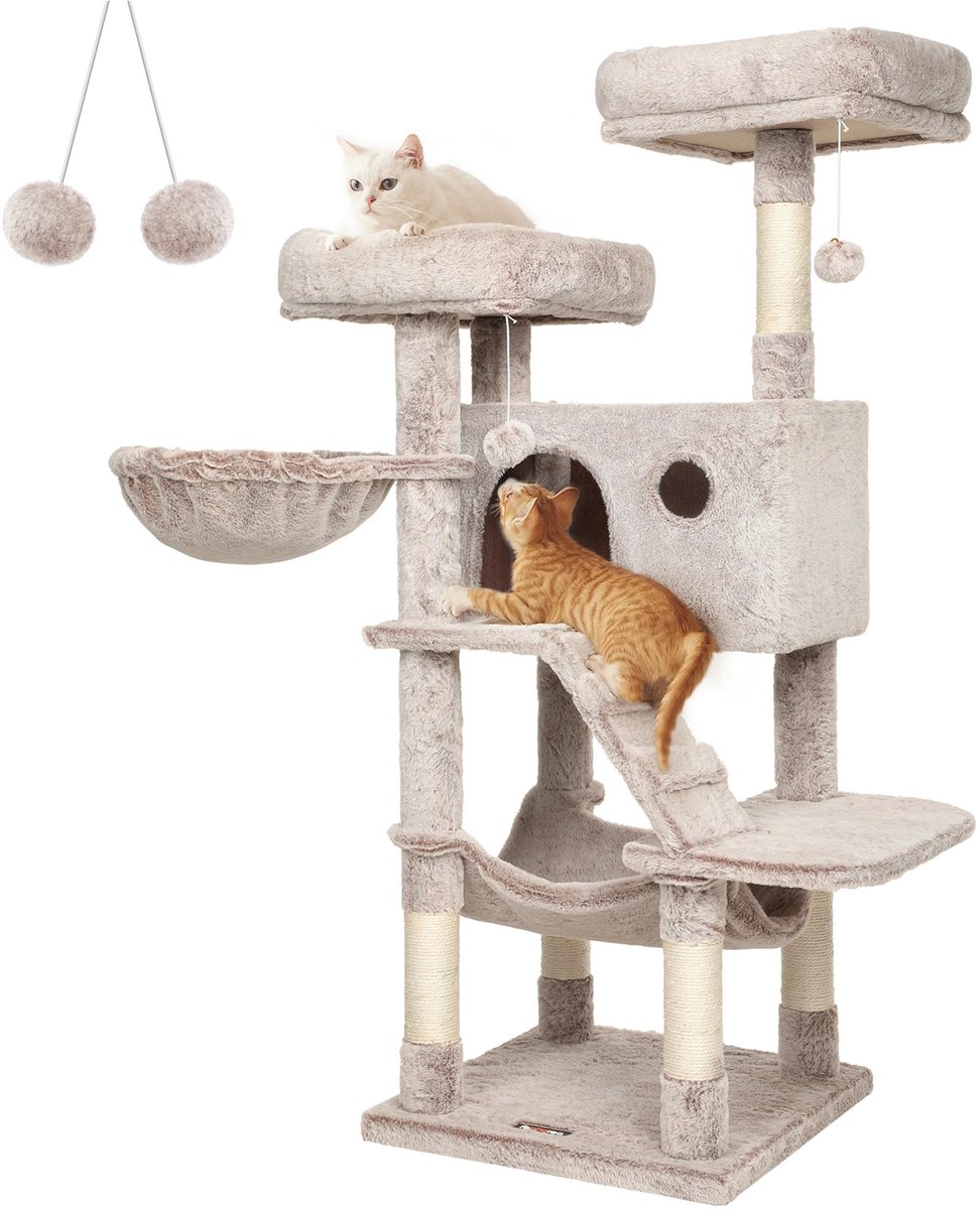 SmartLiving.Store - Kattenboom - Luxe krabpaal voor katten - Met zachte hangmat en knuffelgrot - Beige pluche - 135 cm hoog