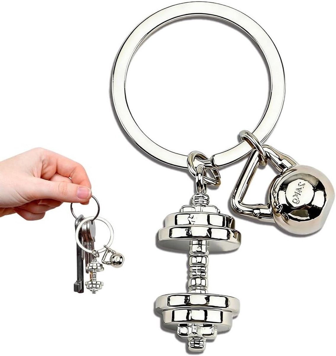 Dumbbell en Kettlebell Sleutelhanger van Metaal, Perfect voor Fitnessliefhebbers en Dagelijks Gebruik