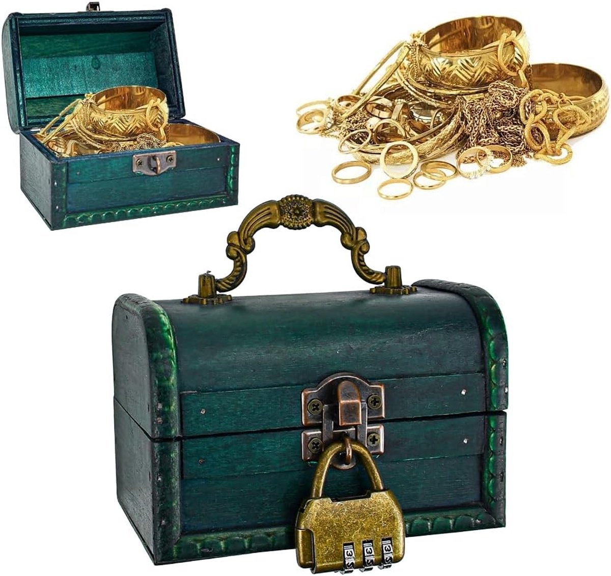 Vintage Houten Schatkist met Slot, Piraten Ontwerp, Ideaal voor Sieraden, Kettingen en Oorbellen Opslag
