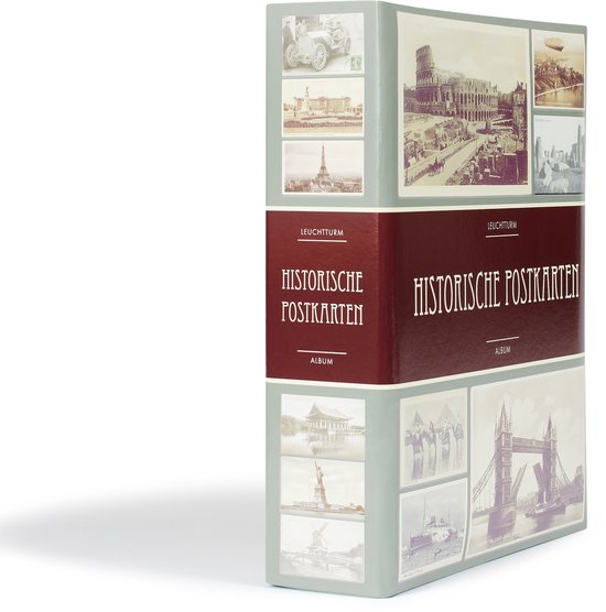 Album met historische ansichtkaarten. Bevat afbeeldingen van een antieke auto, de Eiffeltoren, het Colosseum, een zeppelin, de piramides en de Tower Bridge.