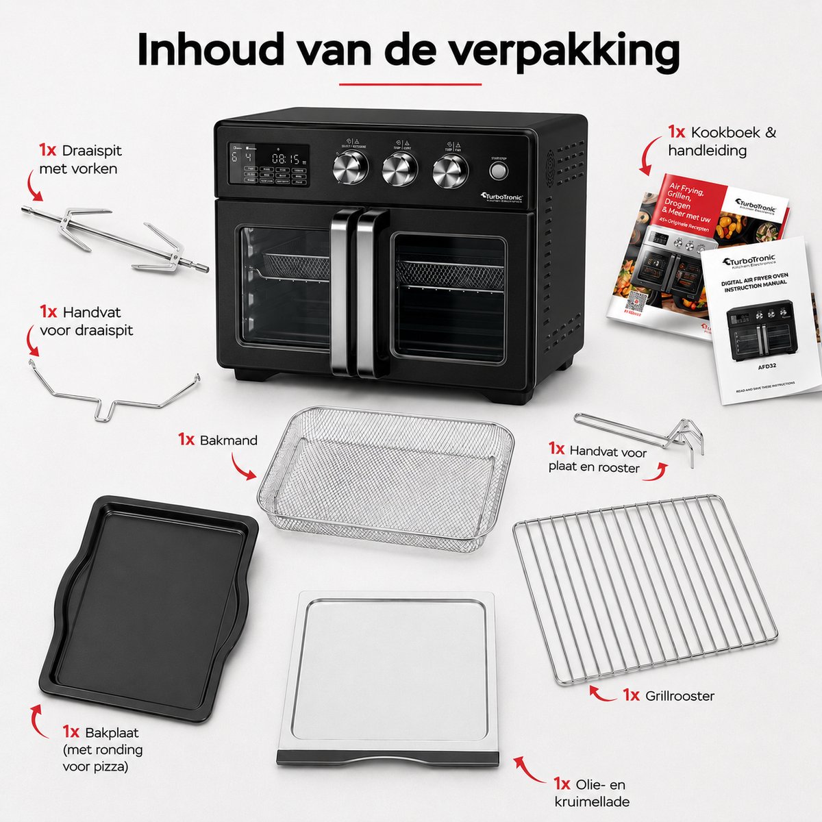 TurboTronic AFD32 Airfryer XXL en Oven – 12 Kookprogramma's – Vrijstaande Mini Oven – Instelbaar van 25 tot 230°C - 32L - Zwart – foto 8