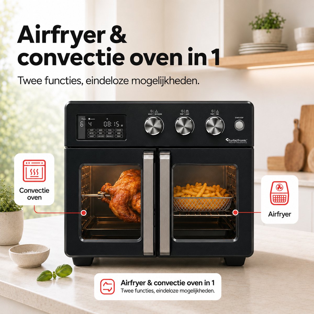 TurboTronic AFD32 Airfryer XXL en Oven – 12 Kookprogramma's – Vrijstaande Mini Oven – Instelbaar van 25 tot 230°C - 32L - Zwart – foto 4