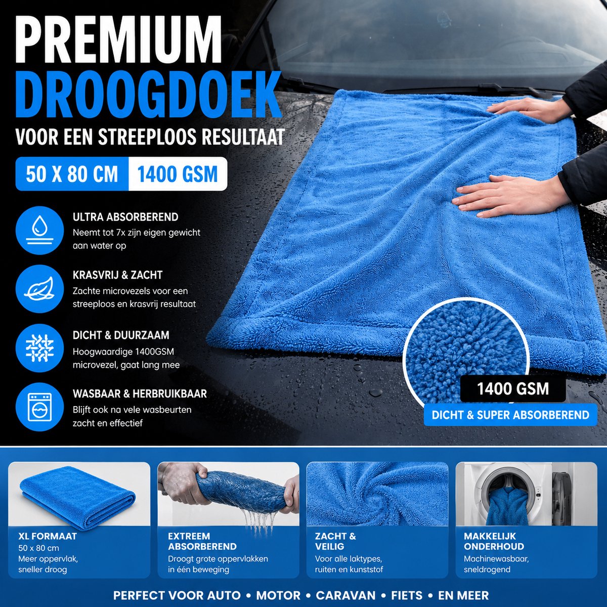 Intez -Ultra Absorberende auto Droogdoek 1400GSM – 50×80 cm – Krasvrij & Pluisvrij – Auto, Motor & Detailen- Badkamer drogen