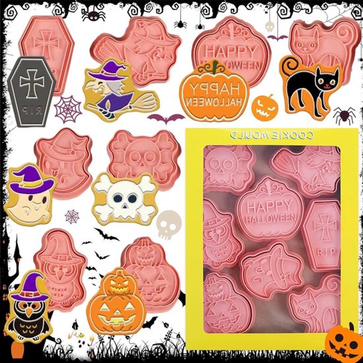 Halloween Koekjessnijders Set Voor Kinderen - 3D Uitsteekvormen - Plastic Stempels - 8 Stuks