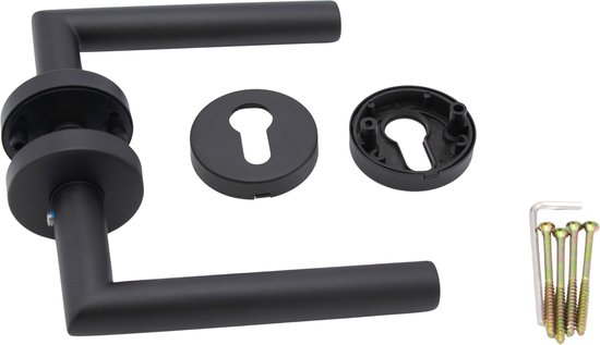 Slotman Solutions Deurklink Set Zwart | Rond Rozet | PZ55 Cilindergat | RVS Deurbeslag | Deurkrukken voor Binnen- en Buitendeur