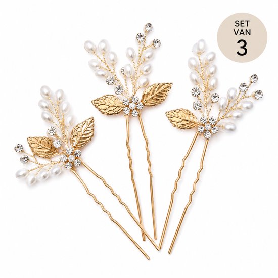 Cheveux in Style® Safa Series - Pearl Crystal Leaf Goud - Set de 3 points de cheveux dorés avec perles, cristaux et feuilles d'or