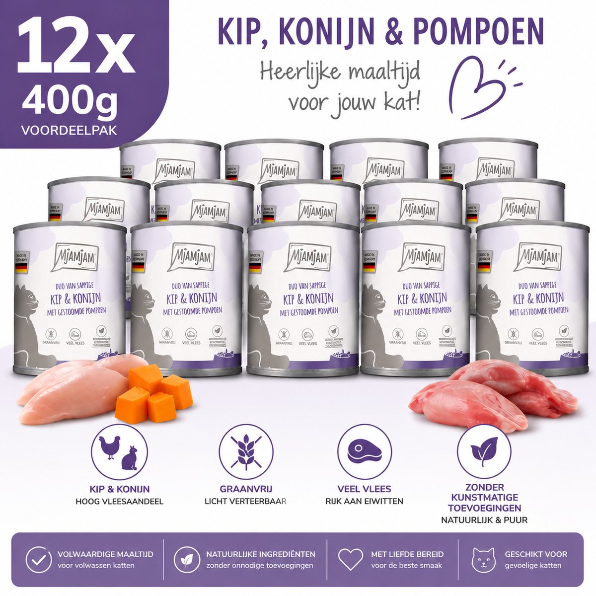 MjAMjAM Kat Natvoer 12x400g Kip Konijn & Pompoen – Duo Blik Kattenvoer – Graanvrij – Veel Vlees – Zonder Suiker – Premium Kattenvoeding – Voordeelpak – Volwassen Kat