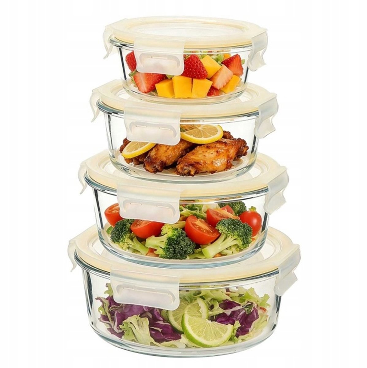 Brunbeste Glazen Vershoudbakjes Set – 4-delig – Ronde Voedselcontainers – Hittebestendig en Luchtdicht