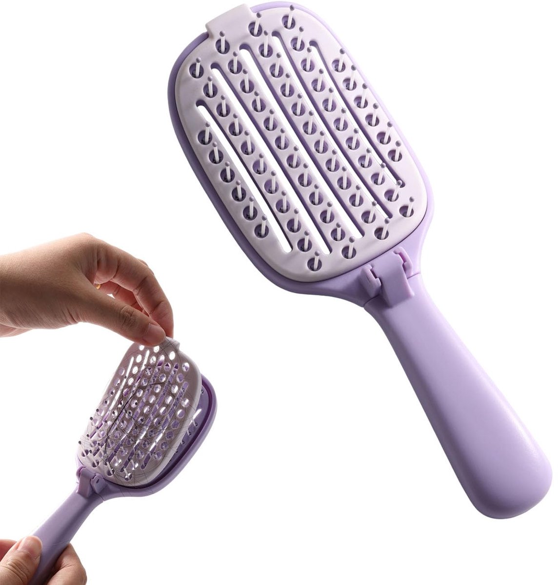 Opvouwbare Zelfreinigende Haarborstel Met Liftpad - Abs Ventilatieborstel Voor Föhnen - Dubbel Gebogen Ontwerp Met Extra Lange Dikke Haren - Voor Dames - Meisjes En Kinderen - Paars - Uitgevouwen 20.5x7.8 cm