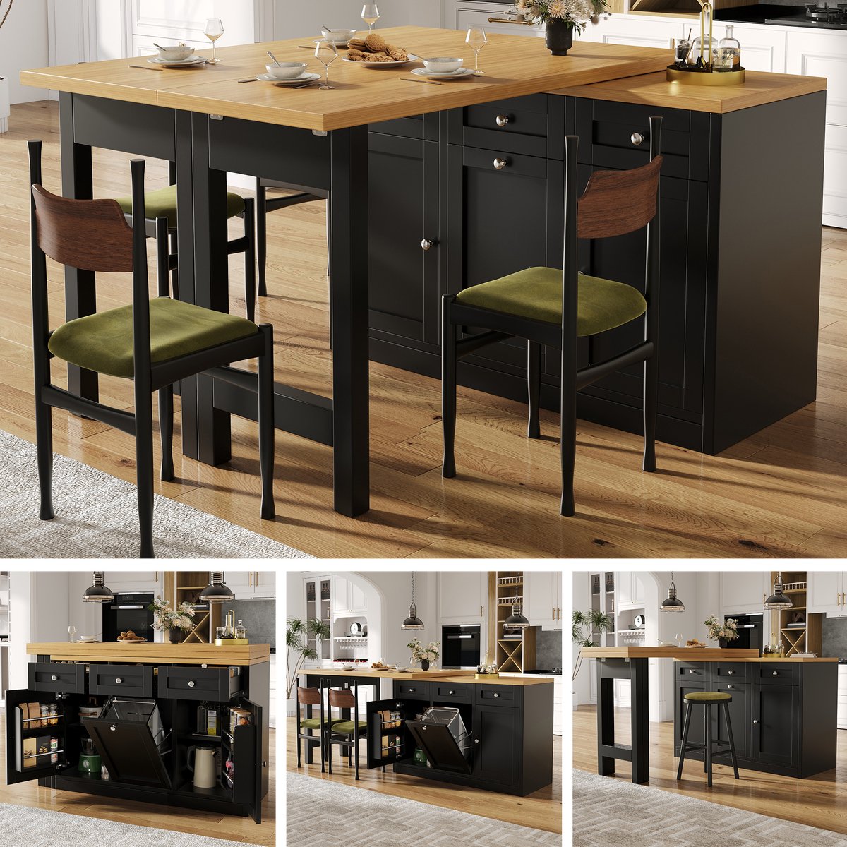 Clruro Bartafel - Uitschuifbaar - Klapbare Eettafel met Opbergruimte en Lade - Hout - Zwart