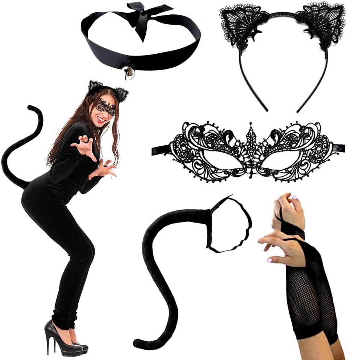 Vrouwelijk Sexy Zwart Kat Carnaval Cosplay Set met Kantmasker, Hoofdband, Katstaart en Handschoenen - Perfect voor Feestjes en Verkleedpartijen
