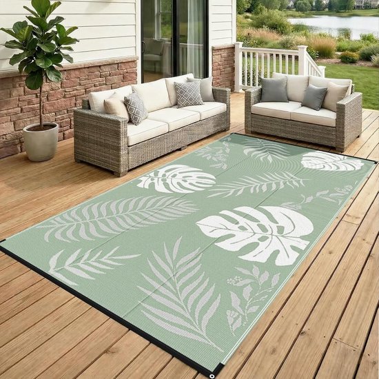 GOTGELIF Buitentapijt 270x370 cm - Outdoor Rug, Water- & Slijtvast, Omkeerbaar, Plastic Stro, Voor Patio, Tuin, Camping & Camper - Groen Bladeren Patroon — afbeelding 3