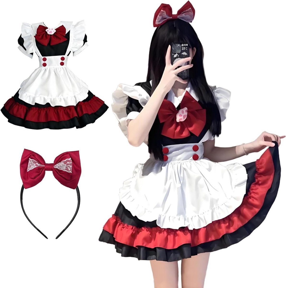 Zwarte en Rode Maid Dress Cosplay Kostuum voor Anime Fans - Schattige Lolita Jurk met Strikken en Hoofdband voor Feestdagen en Carnavalsvieringen