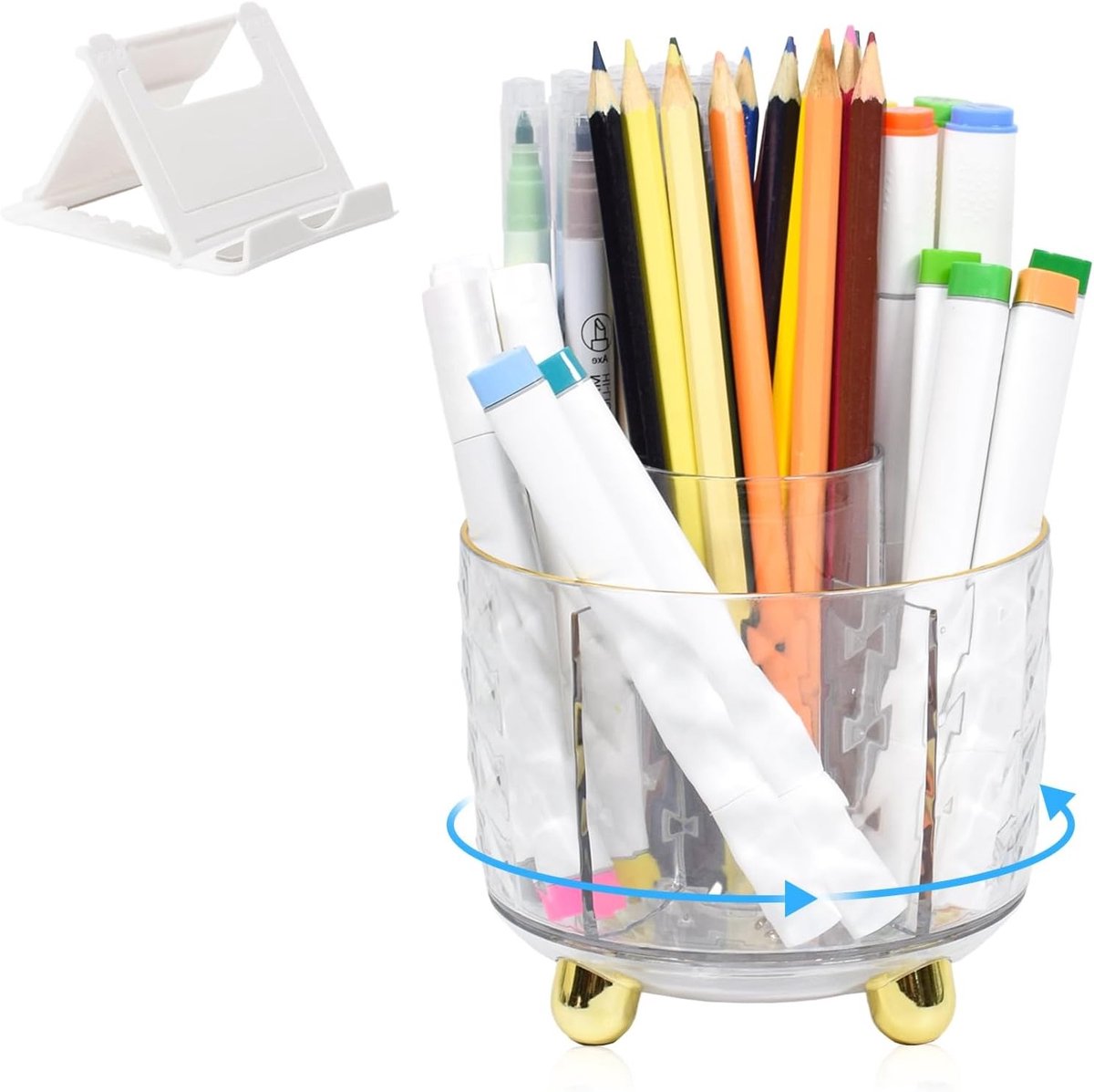 360° Draaibare Make-up Organizer met Telefoonstandaard, Borstels en Pennen Houder, 5 Vakken, Desk Storage Box voor Kantoor en Slaapkamer, Transparant en Functioneel