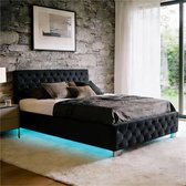 lit tectake® tapissé avec sommier à lattes - 180 x 200 cm - Aspect velouté Zwart - Lit deux places - Cadre de lit avec espace de rangement et bande LED - Télécommande incluse - Montage simple
