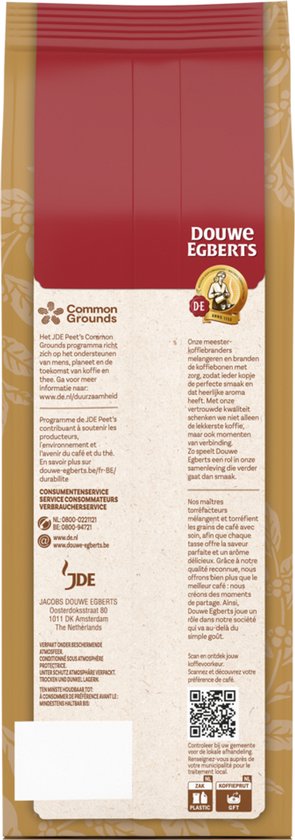 Achterkant van een Douwe Egberts Excellent Gold koffieverpakking met consumentenservice informatie en recyclage-instructies.