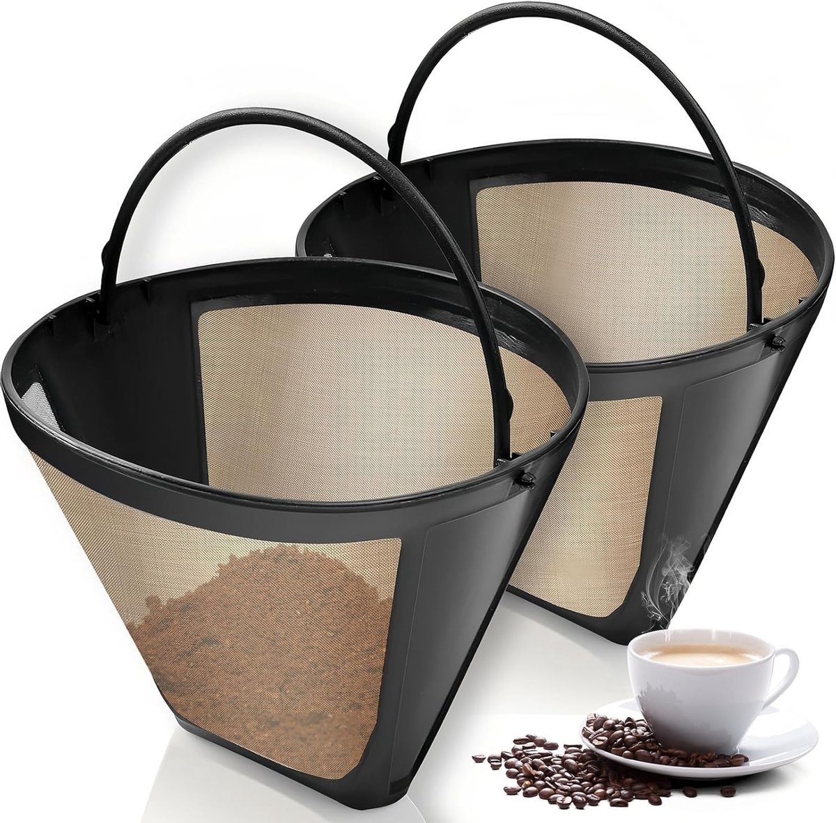 Herbruikbare koffiefilters van roestvrij staal, 2 stuks, 120 mm diameter, geschikt voor 8-12 kopjes koffie, ideaal voor thuis en restaurants, goudkleurig, maat 4, duurzaam en milieuvriendelijk