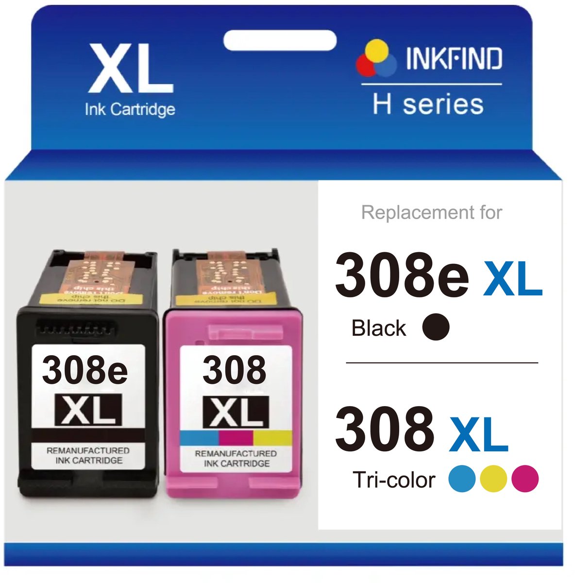 INKFIND 308e XL Huismerk inktcartridges (extra hoge capaciteit 560 pagina's + 180 pagina's met 5% dekking) Geschikt voor HP 308 HP308 HP308e HP 308e 6L6S6UE 7FP22UE 7FP21UE 7FP20UE 2-pack (Zwart x 1 en Kleur x 1)