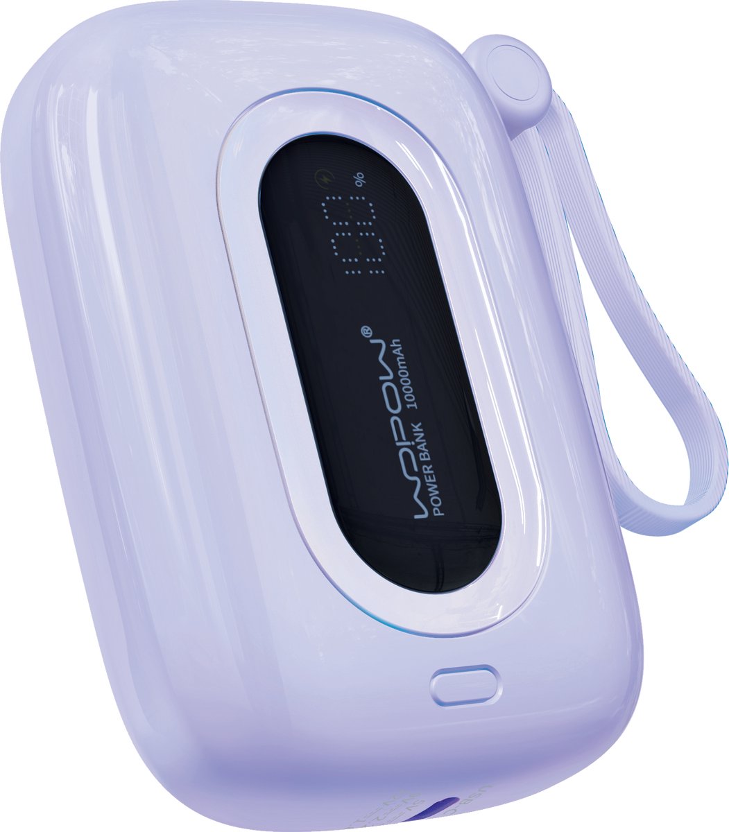 Wopow Powerbank met ingebouwde USB-C & Lightning Kabels, SQ27, 10.000mah, 22.5W, Paars, 6933185721795