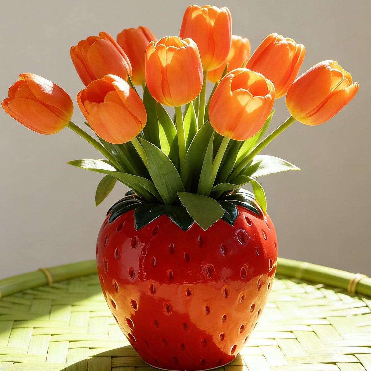 Moderne Rode Aardbeienvaas voor Woonkamerdecoratie - Stijlvolle Bloemenvase voor Tulpen en Aardbeien, 15x15x15cm
