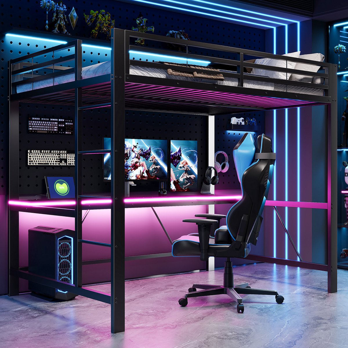 140x200 cm hoogslaper met LED-verlichting - USB-oplaadstation en bureau - zwart - zonder matras
