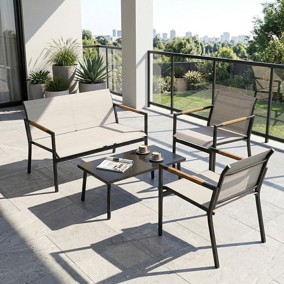 Pugsdrly Tuinmeubelset zitgroep voor 4 personen Ademende tuinlounge met 2-zitsbank, 2 fauteuils, metalen tafel, voetkussens