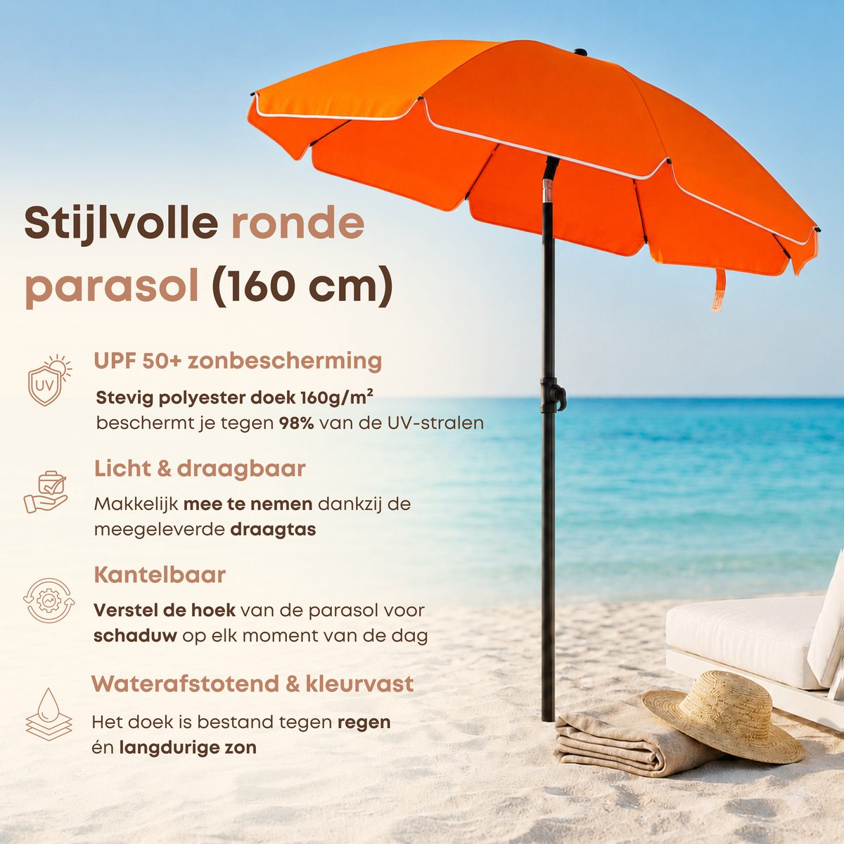 ACAZA strandparasol 200 cm, kantelbaar en draagbaar