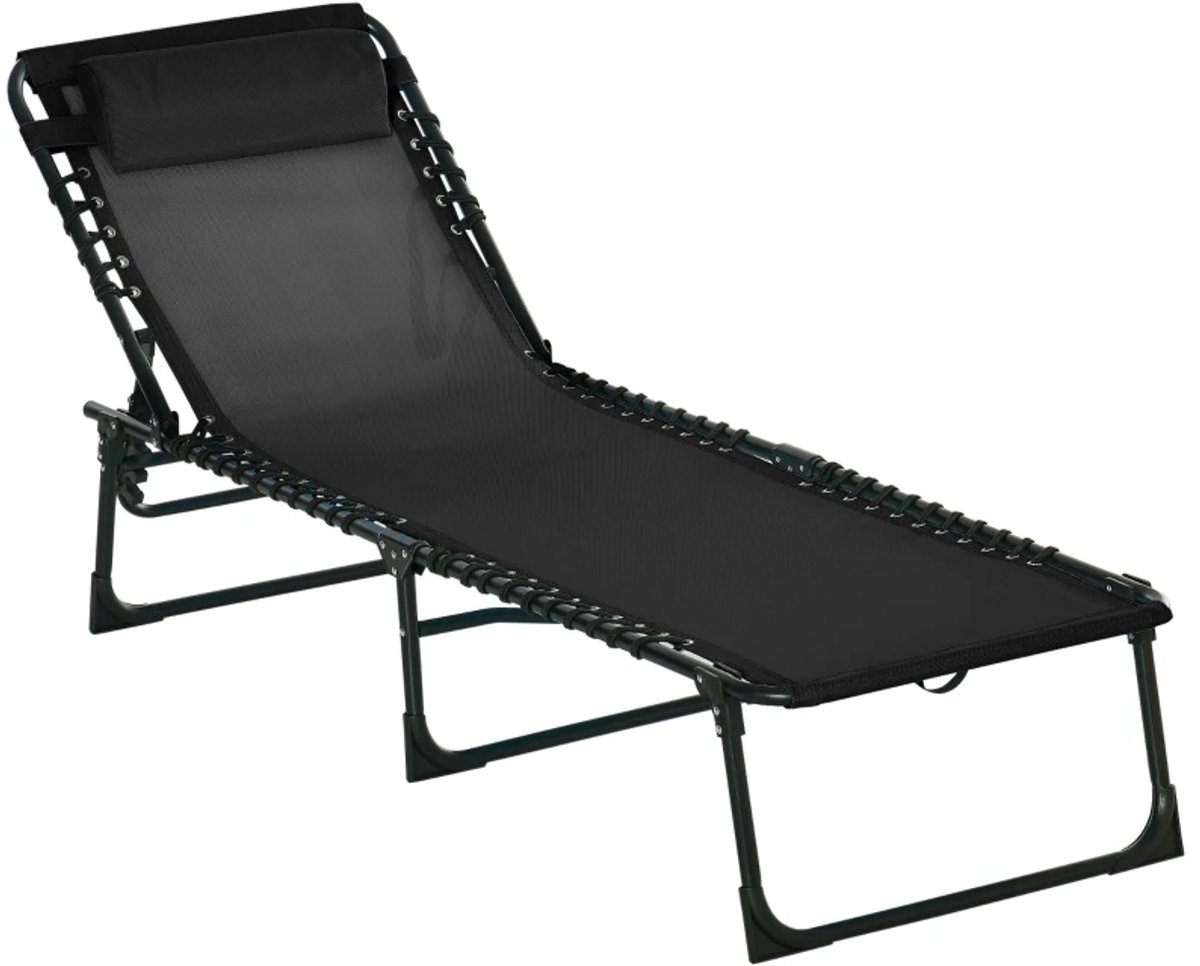 Opklapbare Ligbed met Hoofdsteun - Ligstoel met 4-standen Verstelbare Rugleuning - Tuinstoel - Strandstoel - Campingligstoel - tot 120 kg - Zonnebed - Relaxstoel voor Tuin, Terras, Zwembad & Balkon - Zwart