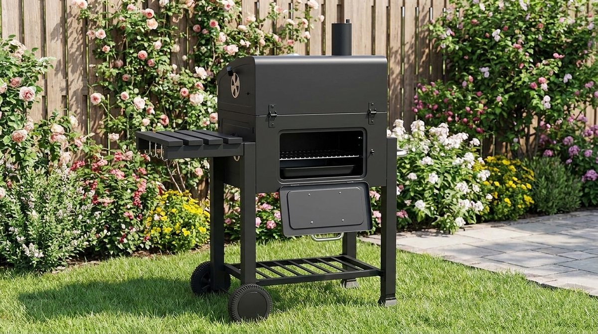 Houtskoolbarbecue Grillwagen met Deksel en Thermometer - House&Garden Angular BBQ Grill met Gietijzeren Rooster, Verstelbare Kolenbak & Weerbestendige Hoes - Luxe Buitenbarbecue voor Tuin & Camping