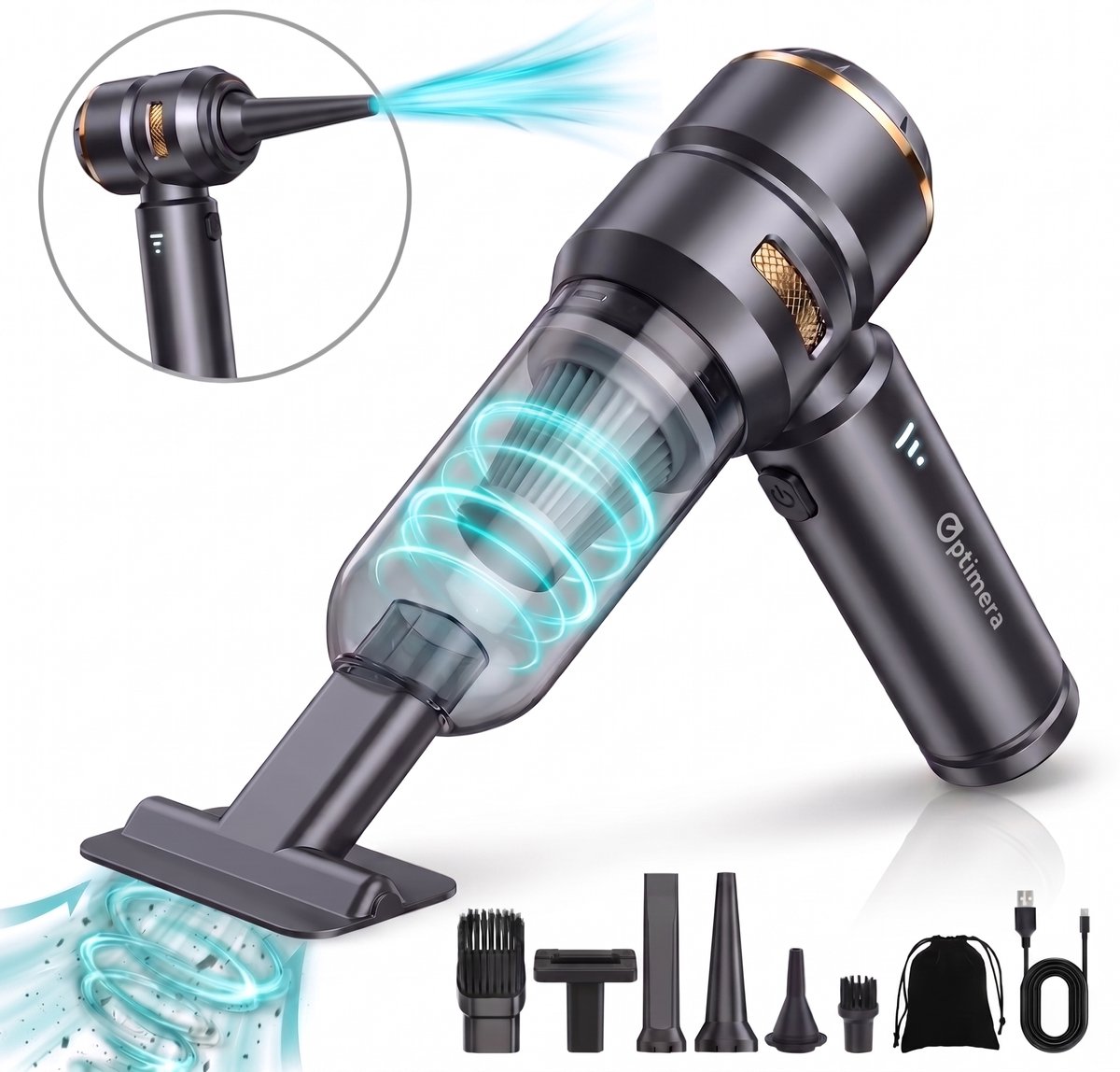 OPTIMERA 2-in-1 Auto Stofzuiger - Zuigen & Blazen - Kruimeldief - 7 Opzetstukken - Oplaadbaar - Handstofzuiger - Air Duster - Zwart