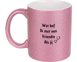 Hacebo® - Wat bof ik met een vriendin als jij koffiebeker glitter roze - Vriendin - Liefste vriendin - thee mok - koffie beker - Vriendschap - Vriendinnen - Leuk cadeau voor je vriendin om te geven - koffiemok - 350 ML inhoud