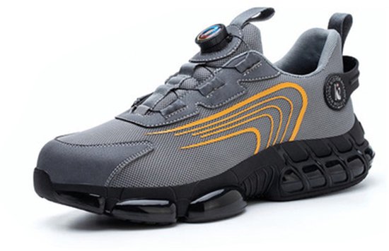 Chaussure de travail grise avec lignes orange, semelle noire avec coussins d'air et fermeture à molette.