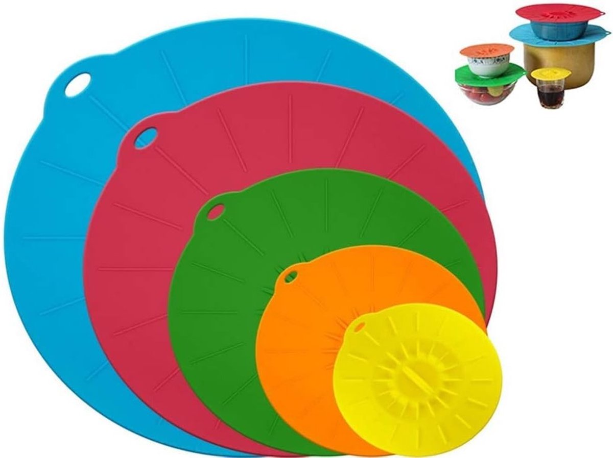 Herbruikbare silicone deksels voor kommen - 5 stuks, hittebestendig, geschikt voor magnetron, universele maten voor kommen, kopjes en blikjes