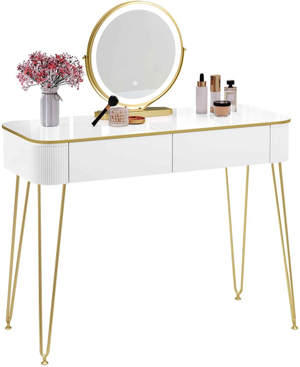 CORE Make-up tafel - Kaptafel - Spiegel met ingebouwd LED-licht - Cosmetische tafel - Met 2 lades - 100x40x77.5cm - Wit en Goud