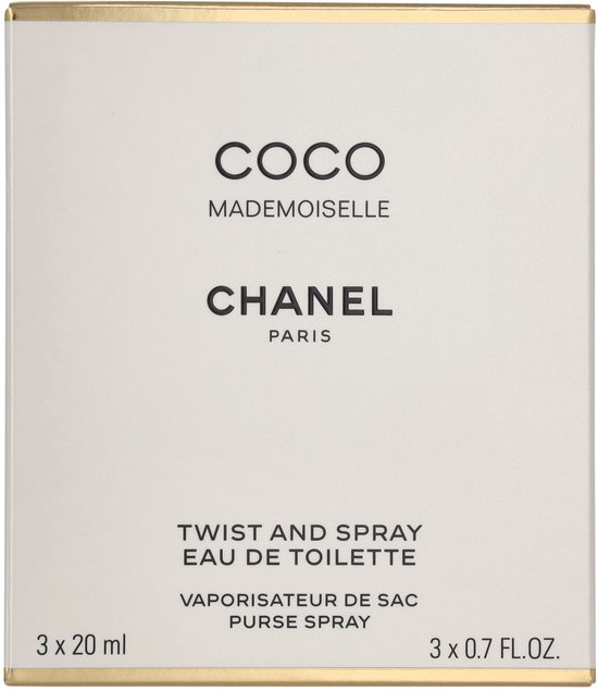 Verpakking van Chanel Coco Mademoiselle Eau de Toilette Twist and Spray, 3x 20 ml.