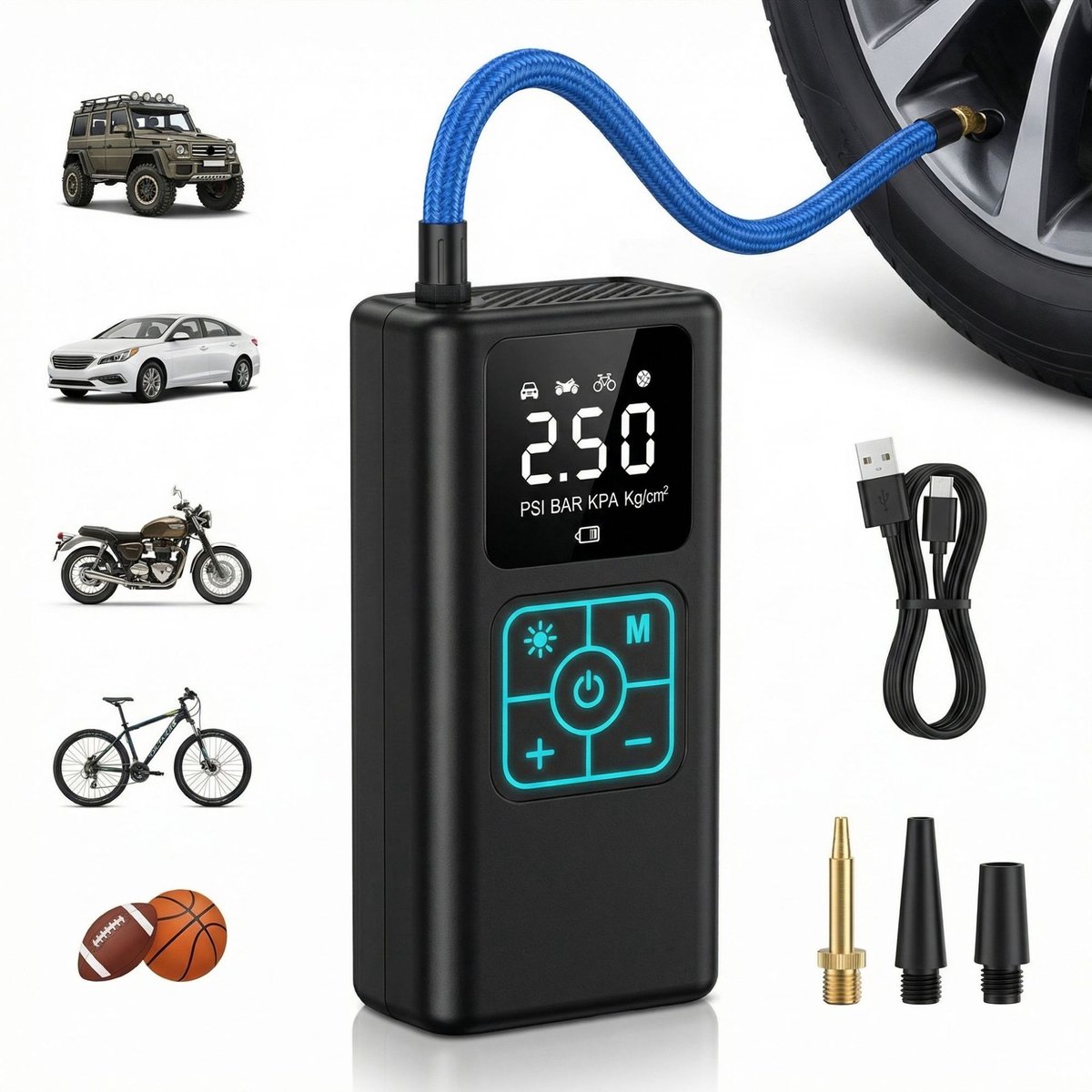 Autobandenpomp –Luchtpomp – Draadloze bandenpomp – 150 PSI – Draagbare luchtcompressor – Geschikt voor auto-, motor- en fietsbanden, sportballen en opblaasartikelen – Met LED-verlichting – Zwart