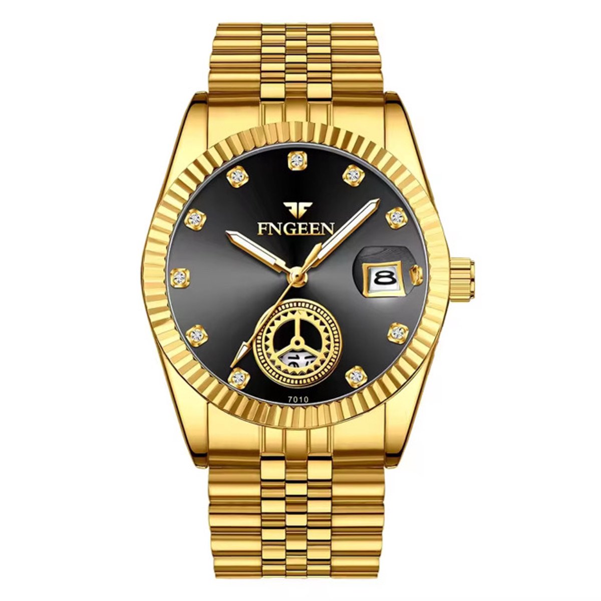 Selevie Horloge Just I - Gouden schakelband met zwarte wijzerplaat - Luxe Herenhorloge