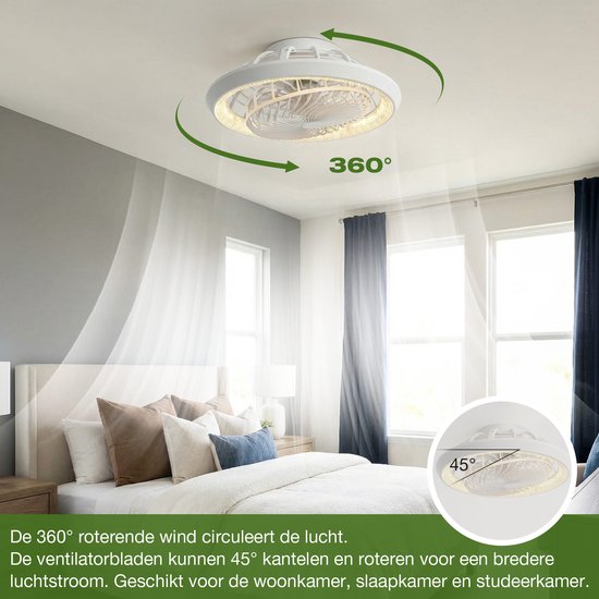 Rosnek Plafondventilator met Verlichting - 360° Roterende Luchtstroom - Stille Motor - App & Afstandsbediening - Dimbare LED - Kristallen Lampenkap - Plafondlamp met Ventilator Ø49cm van Rosnek — afbeelding 4
