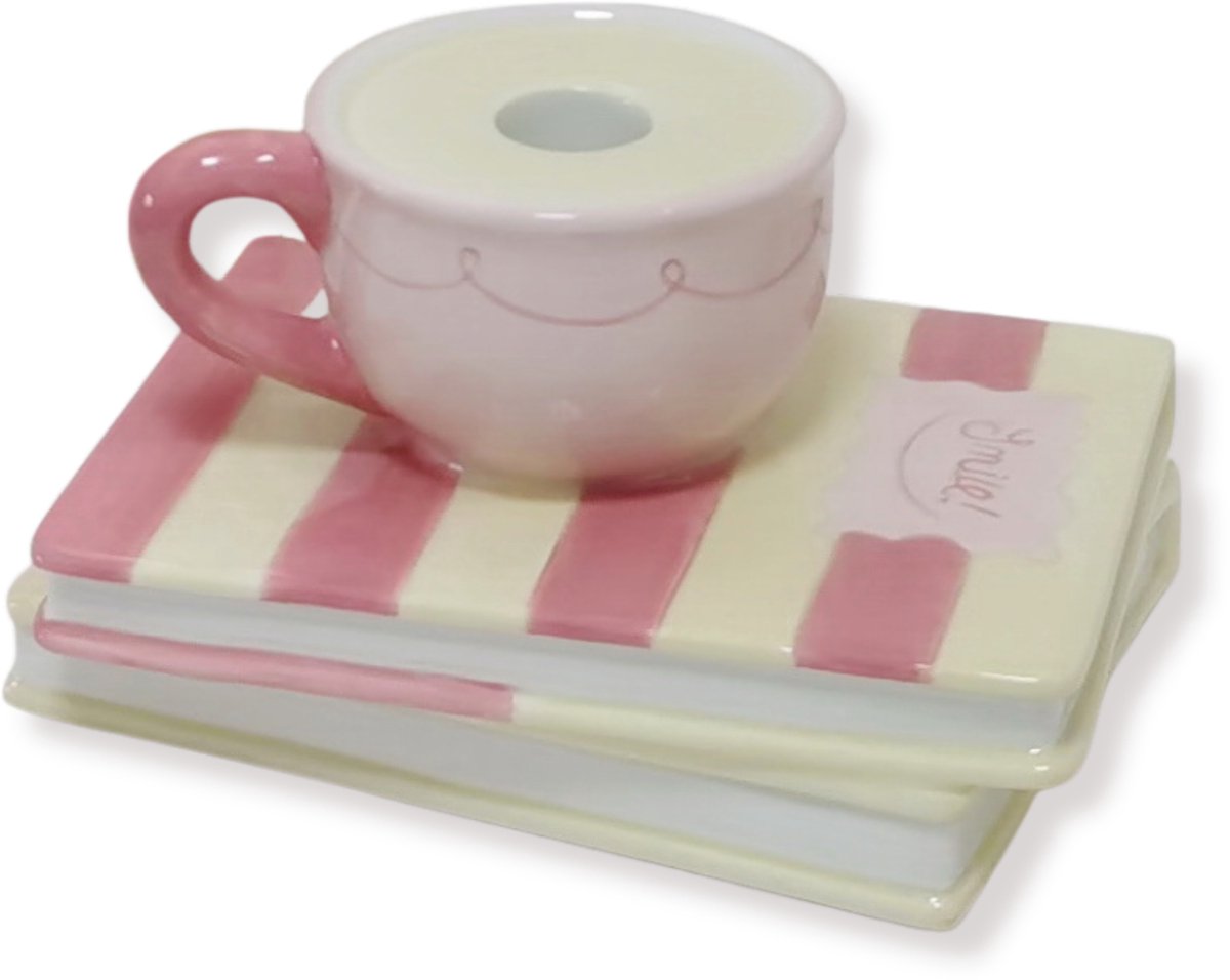 Housevitamin Kandelaar - Kopje op stapel boeken - Geel/Roze - Dolomiet - 16,5x13,5x9,5cm