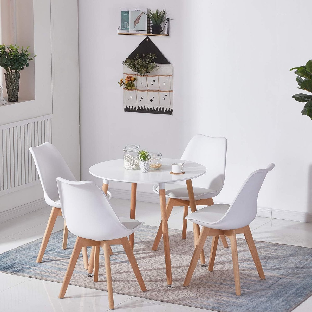 Nordic Elegance Ronde Eethoek met 4 Scandinavische Stoelen 80 x 80 x 74 cm – Wit