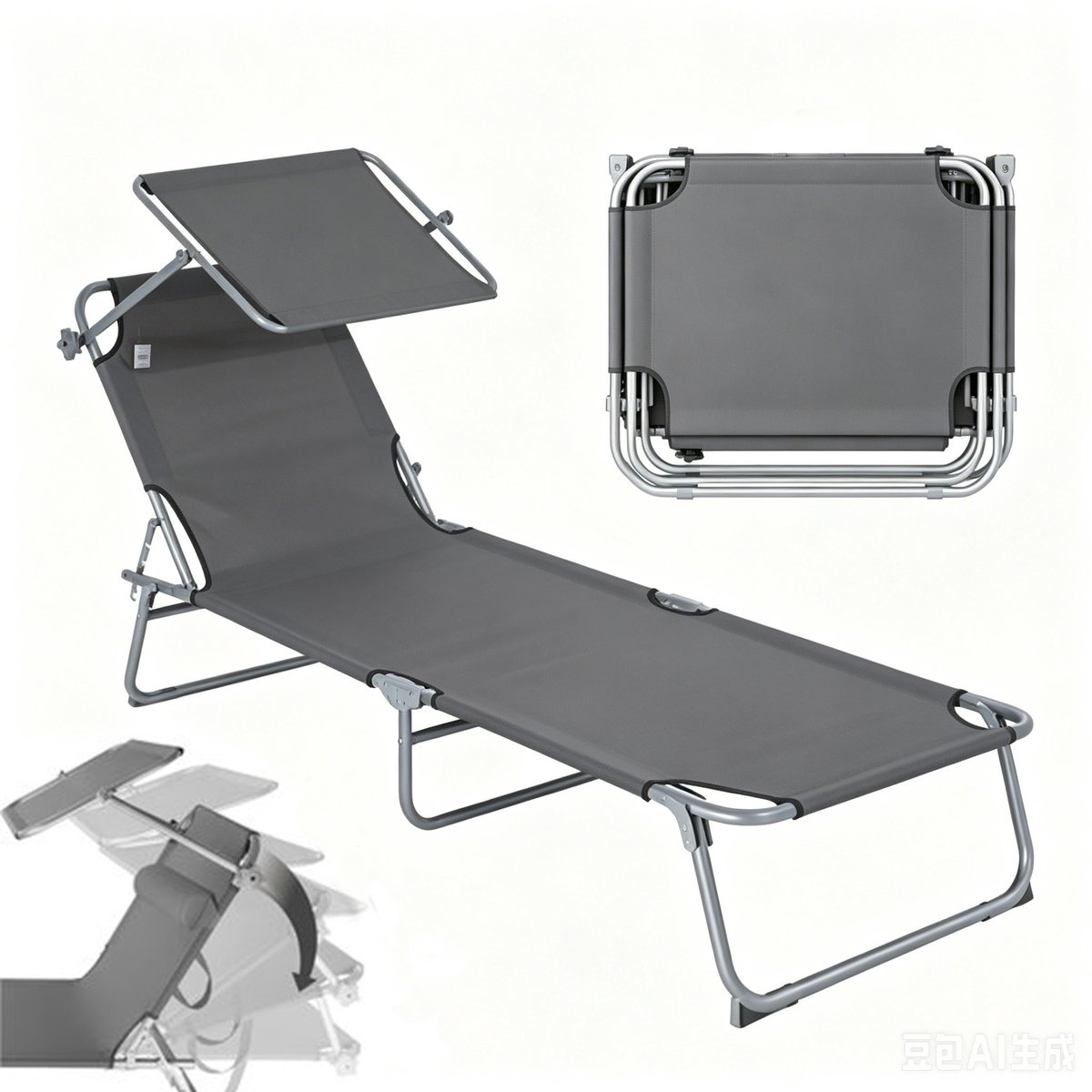 Opklapbare ligstoel - tuinstoel - 187 x 58 x 36 cm - perfect voor strand en terras - Campingstoelen - Strandstoel verstelbare luifel - tuinligstoel - grijs