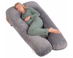 Luune Zwangerschapskussen XXL U-Vorm 280 cm – Traagschuim – Extra Stevig Gevuld – Zijslaapkussen, Voedingskussen & Lichaamskussen (Body Pillow) – Afneembare Velours Hoes – Grijs