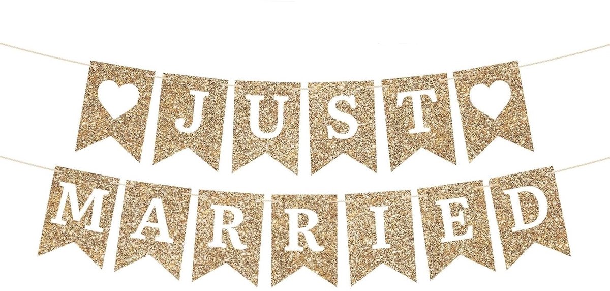 carmdering - Just Married Girlande - Just Married Banner - Huwelijksdecoratie - Aanpasbaar Ophangsysteem - Romantische Hartvorm - Premium Papier - Duurzame Afwerking - Veelzijdig Gebruik Binnen En Buiten - 1 Set