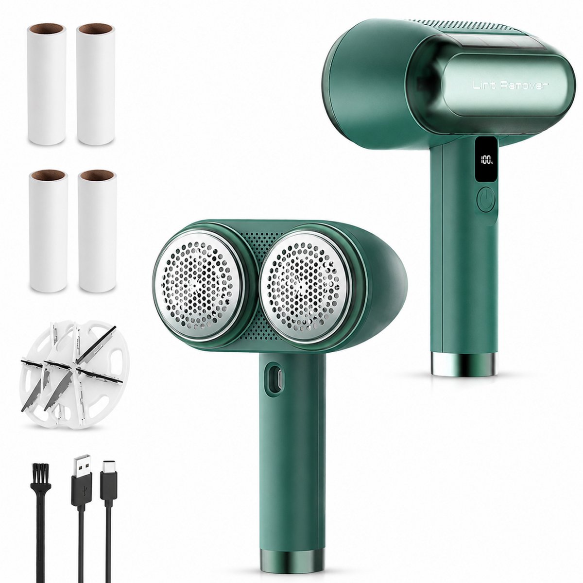 REFTTENW 2-in-1 Elektrische pluizenverwijderaar met kleefroller - Draadloze Pluizentondeuse / Ontpluizer voor Kleding en Meubels - Draadloos via USB-C - LCD-display - 1800 mAh - Groen