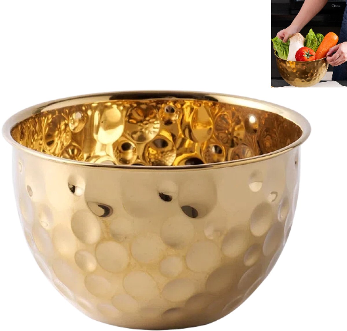 1 stuk - Saladekom - Fruitschaal - Klopkom - Ronde fruitschaal - Herbruikbare stapelbare kom - Goud - 20*20*12 cm - Vaatwasmachinebestendig - Geschikt voor koken, bakken, saladebereiding en voedselbewaring