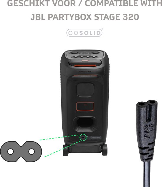 Illustratie van een zwart netsnoer met C8-connector naast een JBL Partybox Stage 320.