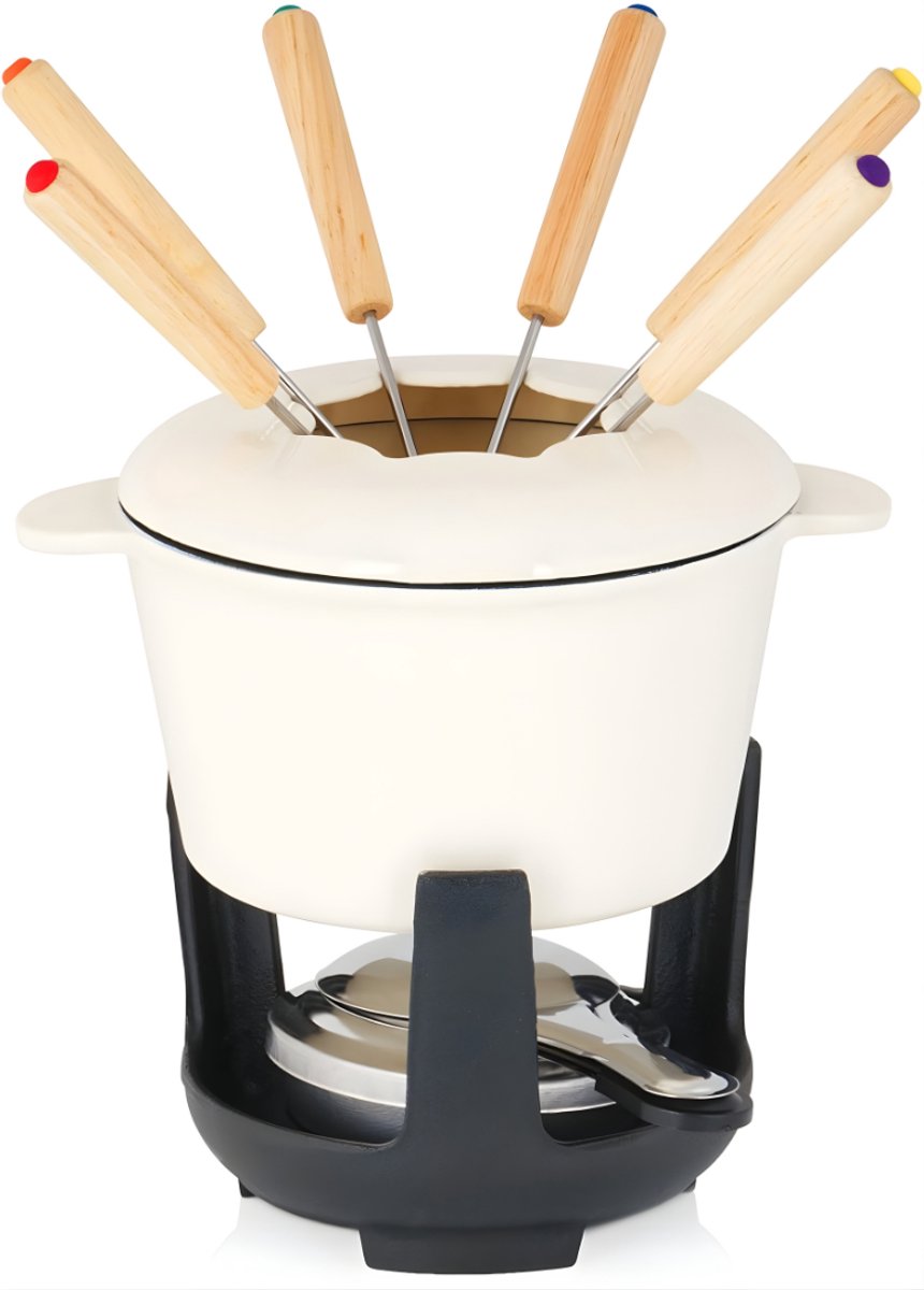 KAD® Fondueset - Luxe RVS Fondueset Voor Gezellige Avonden - Universele Fonduepan Inclusief Vorkjes - Crème Geëmailleerd - 16cm x 20cm x 9cm
