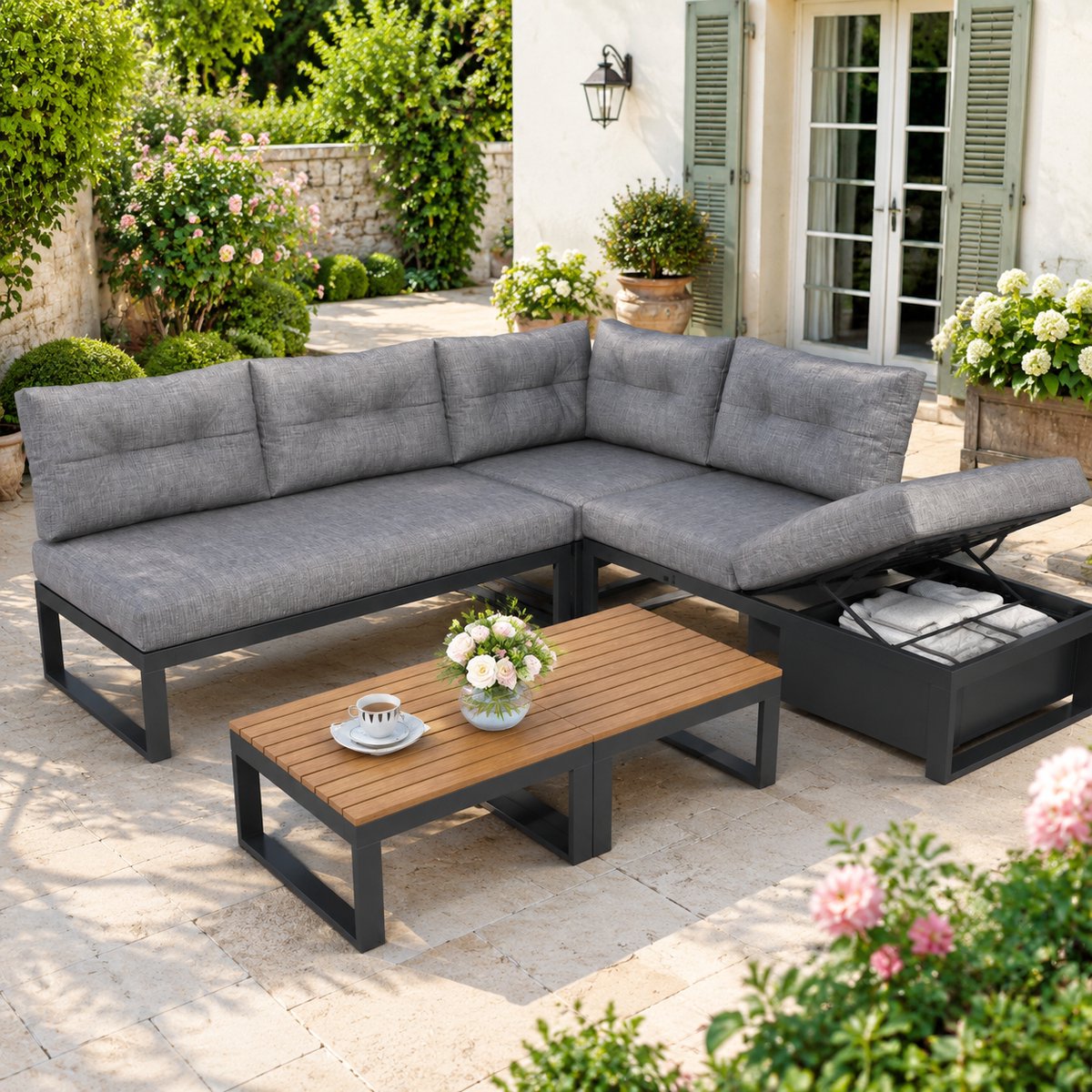 Tuinmeubelset, Tuineetset, Veelzijdige Tuinset met 3-voudig Verstelbare Rugleuning en Ligfunctie, Dikke Comfortabele Kussens, Opbergruimte en Weerbestendige Polyester Hoes – voor Terras, Balkon en Tuin - Grijs