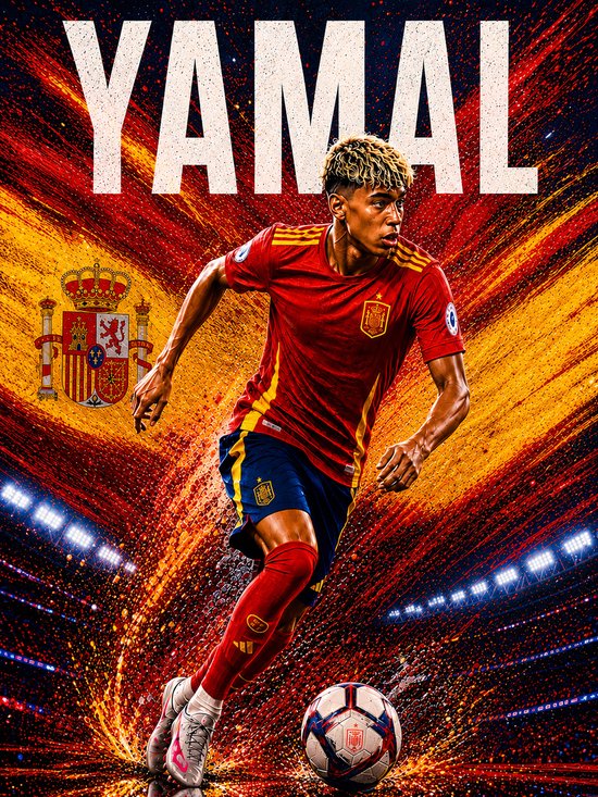 Poster van voetballer Yamal in rood tenue met Spaanse vlag en voetbal, getiteld 'YAMAL'.