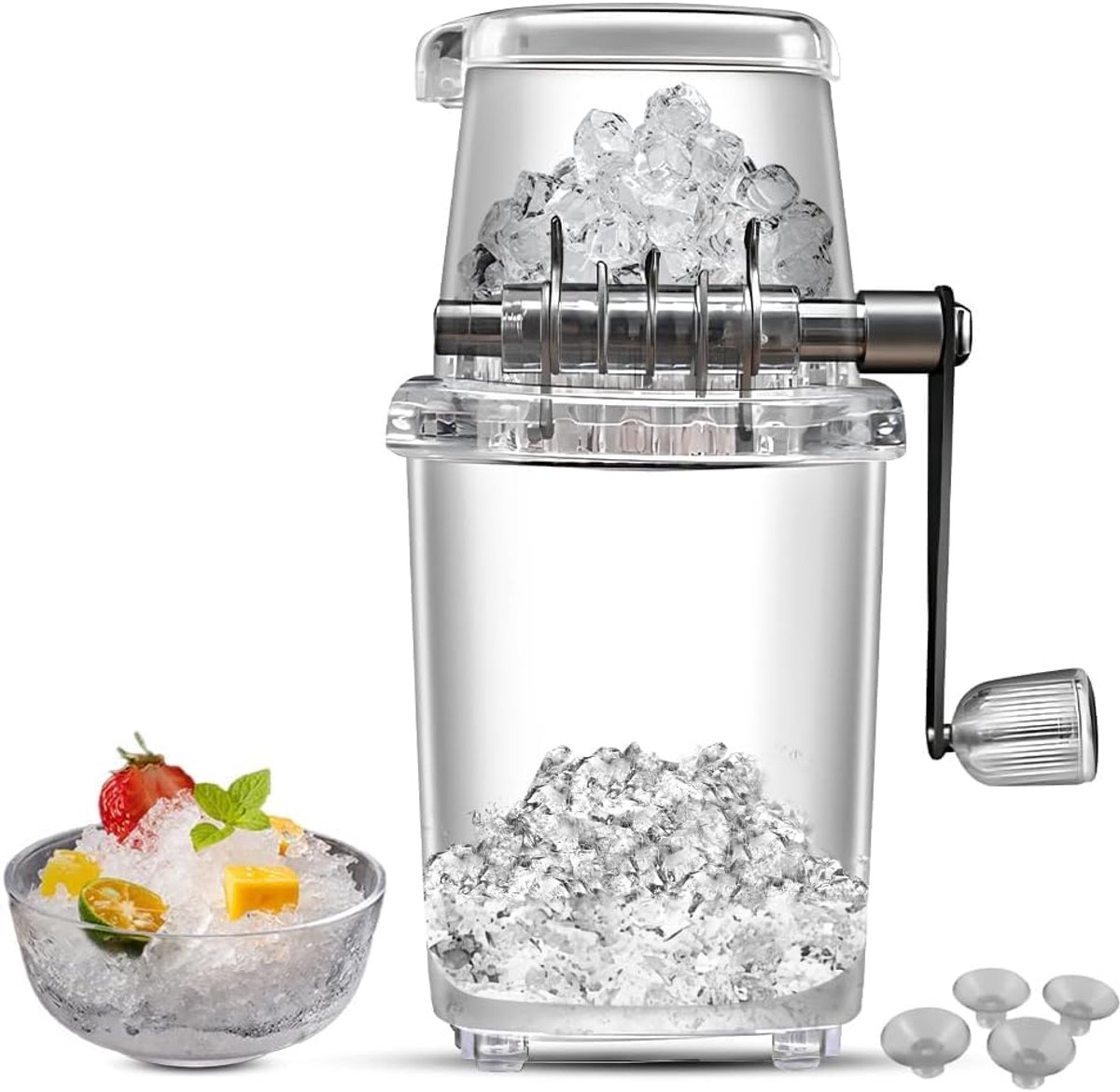 Handmatige ijsvergruizer, draagbare ijsschaafmachine met handslinger en roestvrijstalen messen - maakt geschoren ijs, slushpuppy's en smoothies - compact en draagbaar, perfect voor gezinskeukens, bars, kamperen, reizen en feesten.